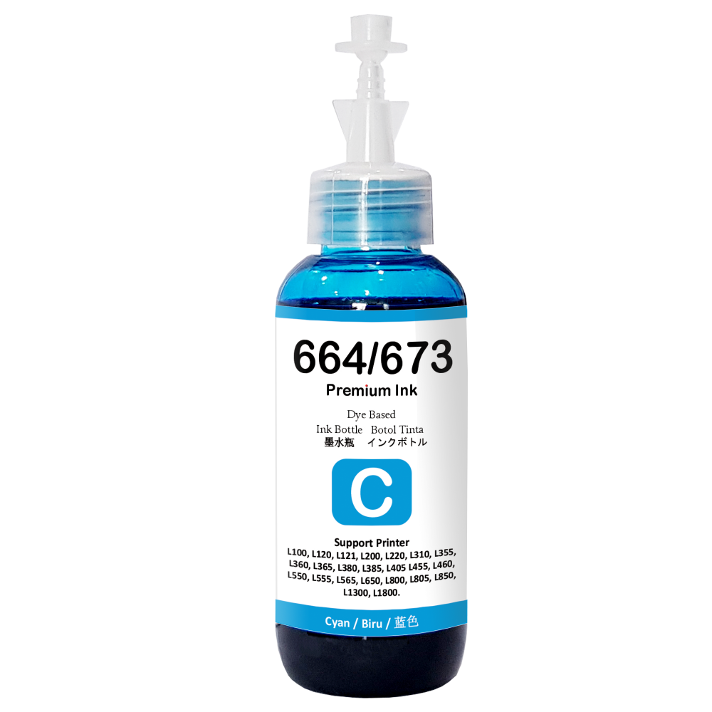 Tinta Premium Dye Base 664/673 Cyan 100ml Refill Printer EP L110 L120 L210 L220 L300 L310 L350 L355 L360 L365 L380 L405 L455 L485 L550 L555 L565 L100 L200 Compatible