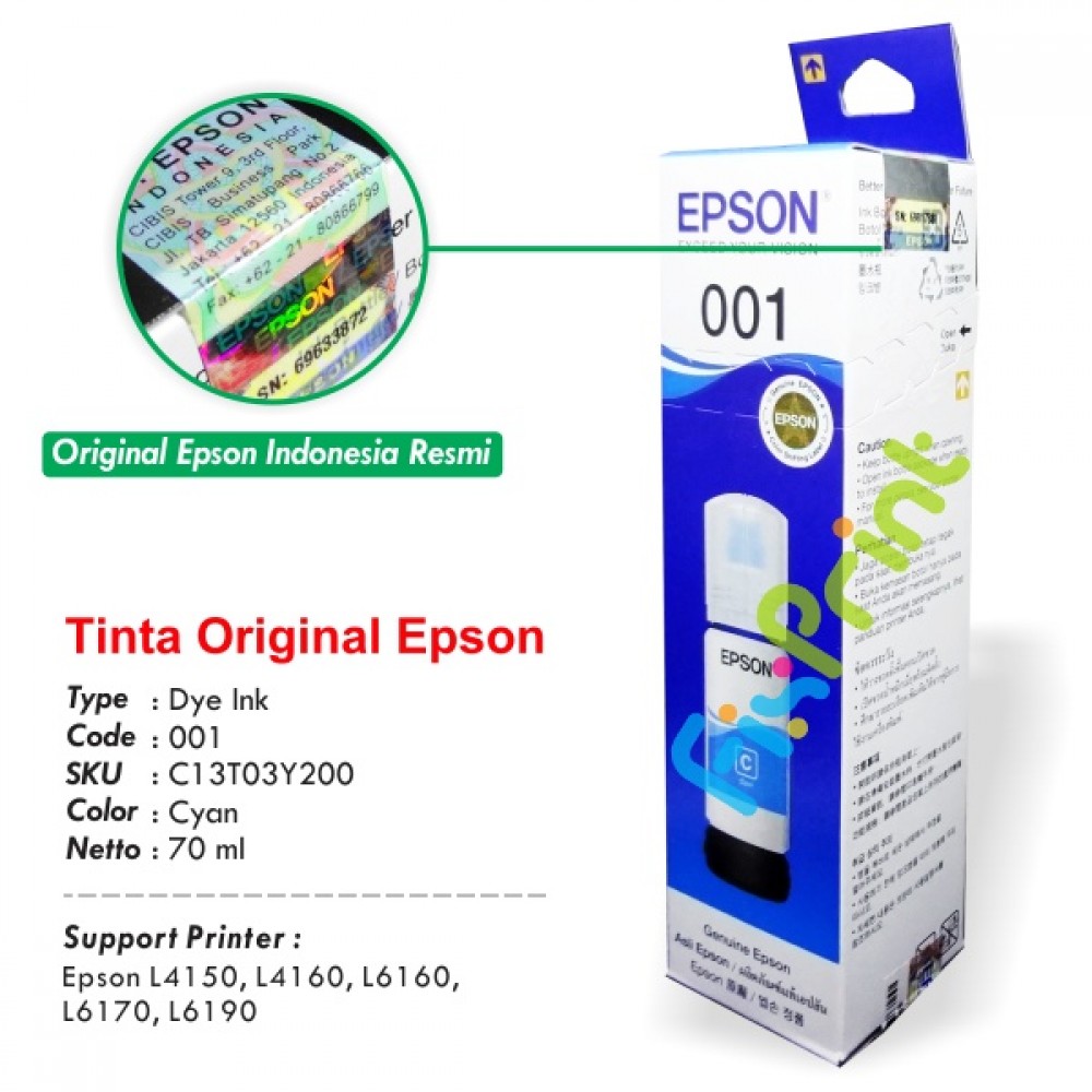 Tinta Refill Epson Original Ori 001 Cyan 70ml C13T03Y200, Tinta Refill Printer Epson L4150 L4160 L4260 L6160 L6260 L6170 L6270 L6190 L6290 L4266 L14150